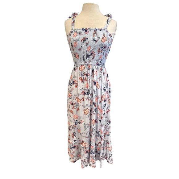 Japna Floral Smocked Midi Dress With Tie Straps & Ruffled Hem - Light Blue Pink - Picture 1 of 7